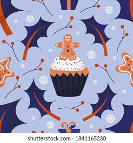 Cute seamless Christmas pattern with gingerbread cookie, cupcakes, holly berries and leaves, snowflakes and presents. Purple background. Flat style illustration.