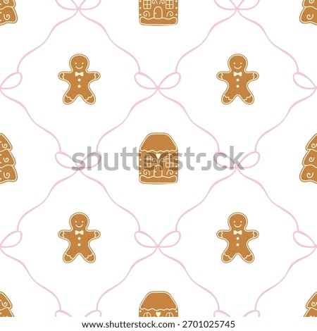 Cute seamless Christmas pattern with gingerbread man, house, tree cookies and pink bows on white background. Perfect for festive wrapping paper, children s decor and holiday textile.