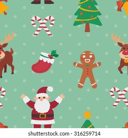 Cute seamless christmas pattern with green polka dots background in vector. Suitable for wallpaper, wrapping paper, packaging, fabric, or textile pattern.