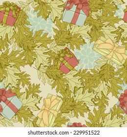 Cute Seamless Christmas pattern, holiday colorful background with gift boxes, vector illustration