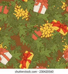 Cute Seamless Christmas pattern, holiday colorful background with gift boxes, vector illustration