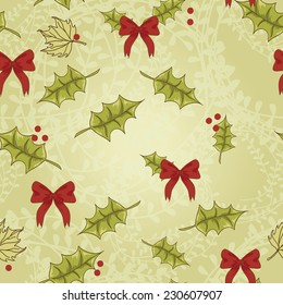 Cute Seamless Christmas pattern, holiday colorful background with bows and holly leaves, vector illustration
