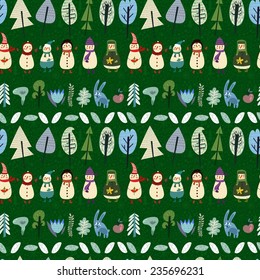 Cute seamless christmas pattern with holiday elements: snowmans, rabbit, trees and forest nature. Cartoon vector new year texture.