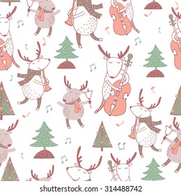 Cute seamless christmas pattern with holiday elements with deers and music. Lovely cartoon background. 