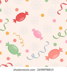 A cute seamless Christmas pattern in pastel colors. Holiday concept. Festive background with candy canes, confetti, and streamers. Perfect for wrapping paper and textiles.