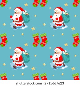 Lindo patrón de Navidades sin costuras con Papá Noel, bolsos de regalo, medias y estrellas sobre un fondo azul. Perfecto para la decoración de los niños, papel de embalaje, textiles y diseños festivos.