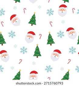 Lindo patrón de Navidades sin fisuras con Santa Claus, pinos, bastones de caramelo y copos de nieve sobre fondo blanco. Ideal para el papel de embalaje de vacaciones, el Fondo de pantalla y el diseño textil festivo.