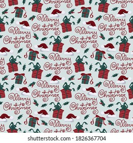 Cute seamless christmas pattern with santas's hat, giftboxes and lettering merry christmas vector