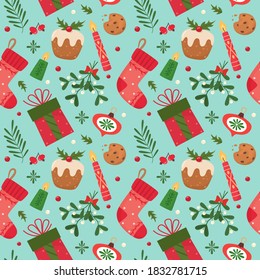 Cute seamless christmas pattern with seasonal elements. Vector illustration.