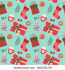 Cute seamless christmas pattern with seasonal elements. Vector illustration.