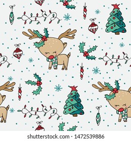 Cute seamless Christmas pattern with christmas tree, holly, ornaments and cute reindeer.