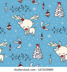 Cute seamless Christmas pattern with christmas tree, holly, ornaments and cute reindeer.