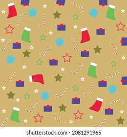 Cute and seamless christmas pattern with vector drawn elements. decorated with t-shirts, gifts, flowers and stars on a brown background