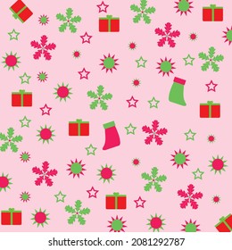 Cute and seamless christmas pattern with vector drawn elements. decorated with socks, gifts and stars on a light pink background