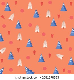 Cute and seamless christmas pattern with vector drawn elements. decorated with red, white and blue trees on an orange background