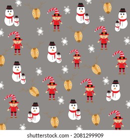 Cute and seamless christmas pattern with vector drawn elements. decorated with ice dolls, gifts and little kids in santa outfits on dark gray background