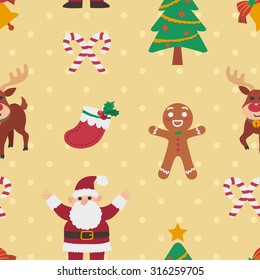 Cute seamless christmas pattern with yellow polka dots background in vector. Suitable for wallpaper, wrapping paper, packaging, fabric, or textile pattern.