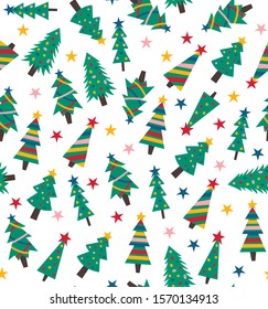 Cute seamless christmas tree pattern. Cartoon. Stars, garland. Vector. Wallpaper, gift paper, background, textile design.
