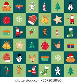 Linda Ilustración vectorial de Navidades sin costuras para un divertido diseño de vacaciones para niños. Preciosos Elementos y decoraciones dibujados a mano. Perfecto para envoltura de regalos, tela, Anuncio, Fondo de pantalla - diseño de Vector.