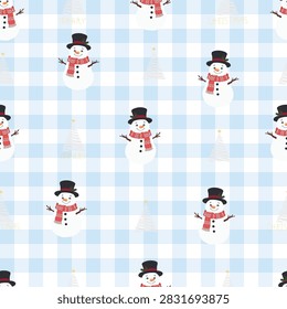 Cute seamless Christmas vector pattern with smiling snowmen in top hats, red scarves, stylized trees, and Merry Christmas typography on a light blue checkered background. Happy Winter. Happy New Year.