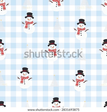 Cute seamless Christmas vector pattern with smiling snowmen in top hats, red scarves, stylized trees, and Merry Christmas typography on a light blue checkered background. Happy Winter. Happy New Year.