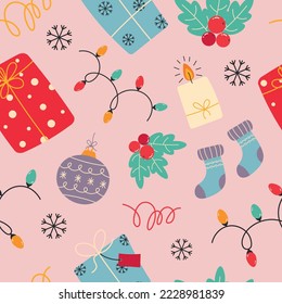 Cute seamless Christmas winter pattern with gifts, sock garland and snowflakes. Great for wrapping paper, greeting cards, scrapbook and packaging. Merry Christmas!