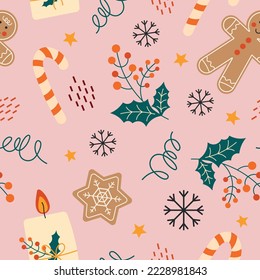 Cute seamless Christmas winter pattern with gingerbread, candle, candy and snowflakes. Great for wrapping paper, greeting cards, scrapbook and packaging. Merry Christmas!