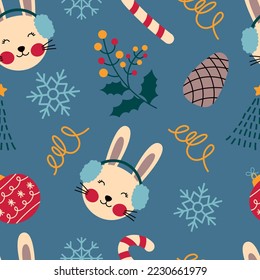  Un lindo patrón de invierno navideño sin fisuras con un conejo, bolas, dulces y un juguete navideño. Ideal para envolver papel, tarjetas de felicitación, reservas de recortes y empaque. ¡Feliz Navidad!