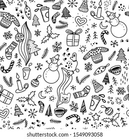 Cute seamless Chrsitmas pattern from hand drawn doodles on white background. Good for wrapping paper, wallpaper, scrapbooking, christmas decor, textile and fabric prints, packaging, etc. EPS 10
