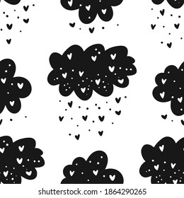 Cute seamless cloud and cky pattern. Design for kids. Vector illustration. Cartoon love black and white wallpaper.