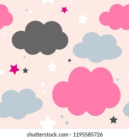 Cute seamless cloud pattern design with stars, perfect for textile or baby shower designs