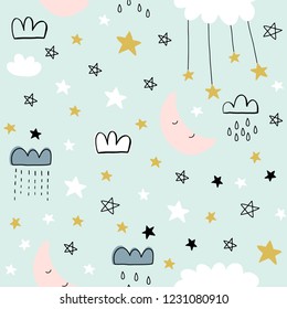 Cute seamless clouds and stars pattern for kids, baby apparel, fabric, textile, wallpaper, bedding, swaddles, nightwear and sleepwear, pajamas 