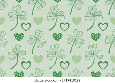 Lindo trébol sin costuras y patrón de corazón en tonos verdes suaves inspirado en el estilo de ilustración plana del día de San Patricio
