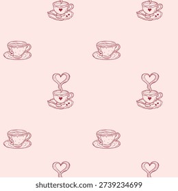 Cute Seamless Coffee Cup Pattern with Hearts on Soft Pink Background