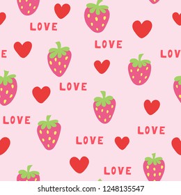 Cute seamless color pattern with hearts and strawberries. Vector Illustration.