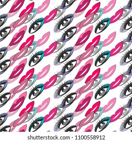 Cute seamless colorful pattern with eyes and lips