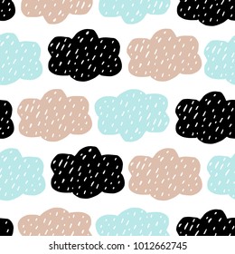 Cute seamless colorful pattern of hand drawn clouds on white background. Scandinavian design style, vector illustration