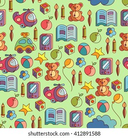 Cute seamless colorful pattern with kids toys on green background. Cartoon style. Vector illustration.