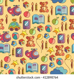 Cute seamless colorful pattern with kids toys on yellow background. Cartoon style. Vector illustration.