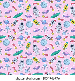 Cute seamless colorful pattern with space cosmonaut planets ufo rockets spaceships satellite and comet on pink background. Vector illustration for kids, wrapping paper, textile etc