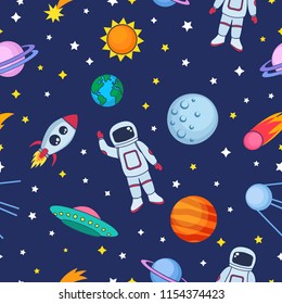 Cute seamless colorful pattern with space cosmonaut stars planets earth ufo rockets spaceships satellite sun comet on dark blue background. Vector illustration for kids, wrapping paper, textile etc