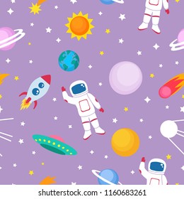 Cute seamless colorful pattern with space cosmonaut stars planets earth ufo rockets spaceships satellite sun comet on violet background. Vector illustration for kids, wrapping paper, textile etc