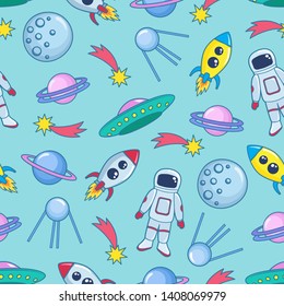 Cute seamless colorful pattern with space cosmonaut stars planets ufo rockets spaceships satellite and comet on green background. Vector illustration for kids, wrapping paper, textile etc