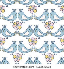 Cute seamless colorful vector pattern illustration colorful design of cartoon birds and flowers in pastel tones. The design is perfect for wrapping paper, wallpaper, textiles, backgrounds