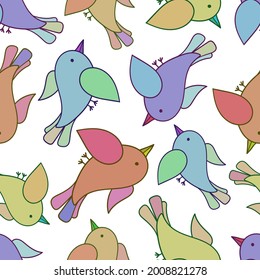 Cute seamless colorful vector pattern illustration colorful design of cartoon birds in pastel tones. The design is perfect for wrapping paper, wallpaper, textiles, backgrounds