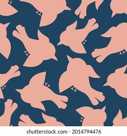 Cute seamless colorful vector pattern illustration design of pink silhouettes birds on dark blue background. The design is perfect for wrapping paper, wallpaper, textiles, backgrounds