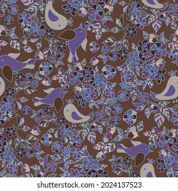 Cuidada y colorida ilustración de patrón vectorial de diseño colorido de aves de dibujos animados y flores en tonos oscuros. El diseño es perfecto para envolver papel, tapicería, textiles, fondos