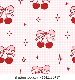 Cute seamless coquette pattern with red cherries, pink bows, and sparkles on gingham background. Girly romantic aesthetic for fabric, packaging, digital paper, scrapbooking, and stationery.