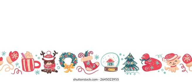 Cute seamless crayon border with Christmas illustrations. Drawings with childish wax crayons. Doodle chalk design for wrapping paper, fabric. Deer, Snow globe, cute cat, snow, tree. Vector drawings 