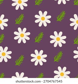 Padrão de flor de margarida sem costura bonito no fundo roxo. Flores brancas com centros amarelos e folhas verdes. Design floral simples para tecido, papel de embrulho, papel de parede, papelaria e mola 